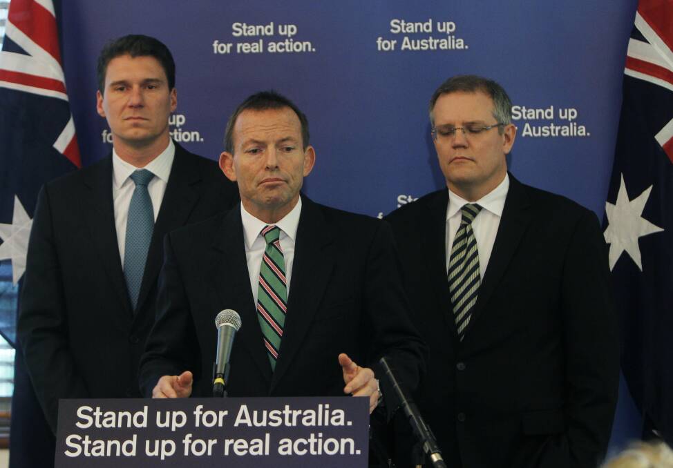 Tony Abbott with Cory Bernardi (left) and Scott Morrison in 2010. Photo: Glen McCurtayne 