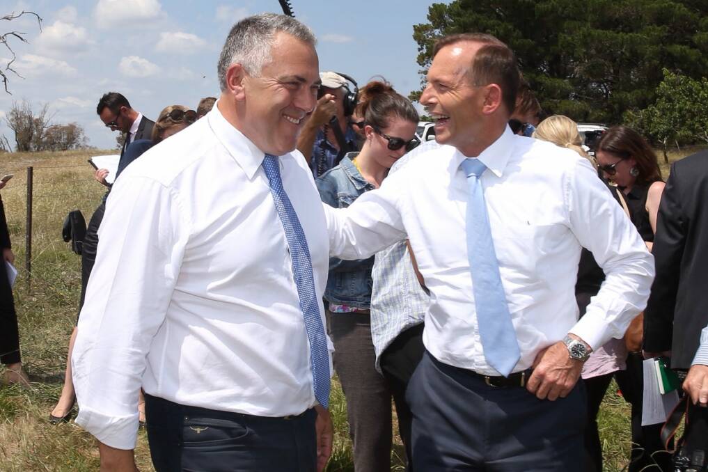 Treasurer Joe Hockey and Prime Minister Tony Abbott visited the Hodgkinson family on their property Vale View near Murrumbatmam to make an announcement about foreign investment on Wednesday. Photo: Andrew Meares