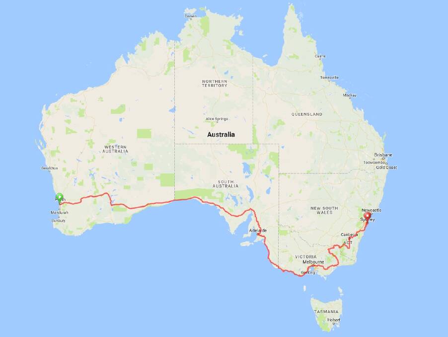 The course of the Indian Pacific Wheel Race from Fremantle to Sydney. Photo: IPWR