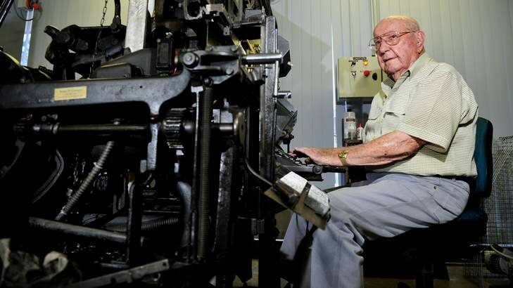 Jim Woods, 99, pictured with a Linotype model 14. Photo: Melissa Adams