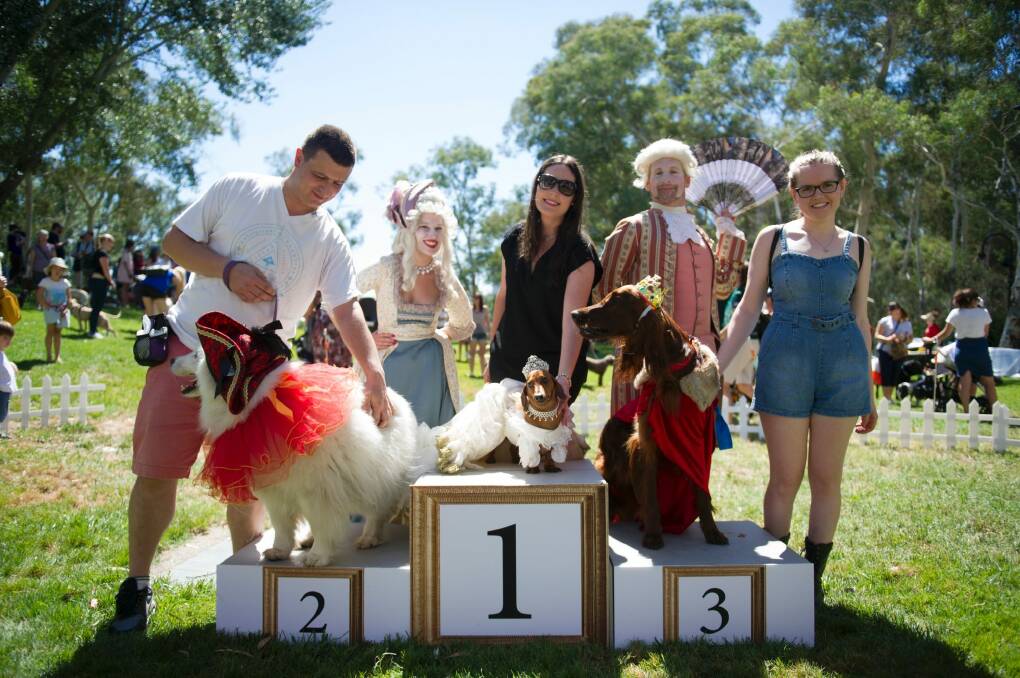The best dressed competition winners, Bryn Cameron and Bella, Sarah Haora with Maluka, and Jessica Kelly with Dougal. Photo: Rohan Thomson