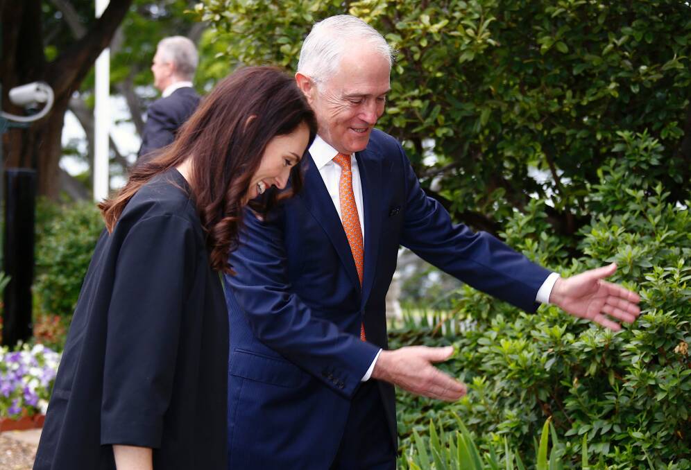 Malcolm Turnbull shows Jacinda Ardern around Kirribilli House on Sunday.  Photo: David Gray