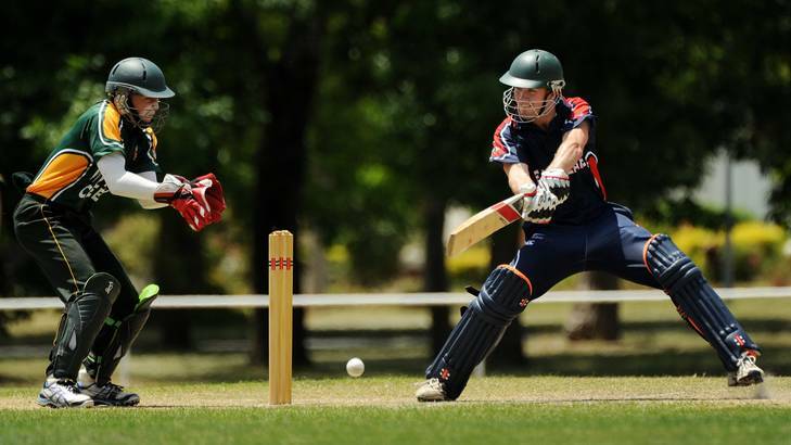 Eastlake batsman Braydon Dinham cuts the ball as Weston Creek keeper Harry Bryant looks on. Photo: Colleen Petch