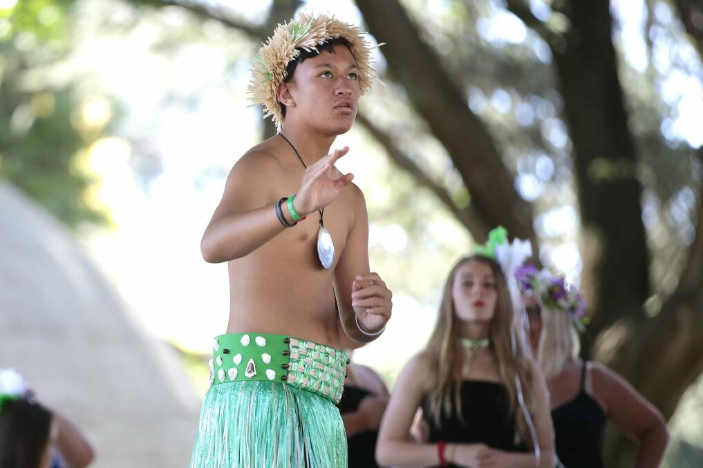 Hini Tomokino, of Queanbeyan, performing with Te Uki Ou O Te Kuki Airani at Waitangi Day celebrations in Queanbeyan. Photo: Jeffrey Chan