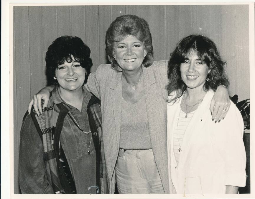 Coralie Wood of Canberra Bass (left), Cilla Black and Kim Hodgkinson of Canberra Bass, in 1985. Photo: Canberra Times
