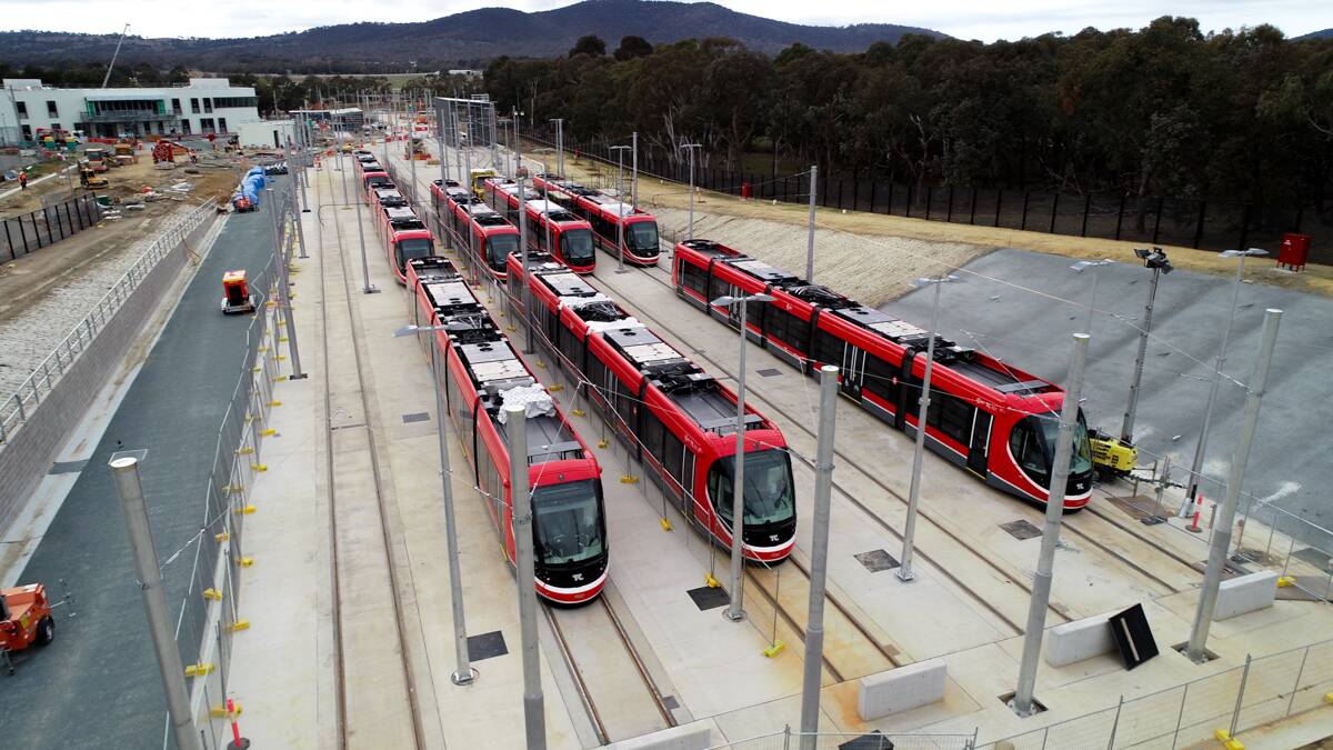 Eight of Canberra's light rail vehicles in the Mitchell stabling yard.  Photo: Supplied