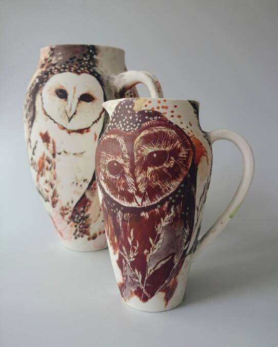 Shannon Garson: Large Barn Owl jug and Sooty Owl in the Grass jug.