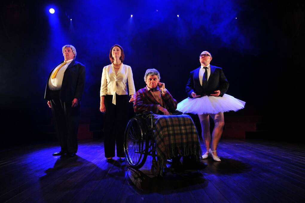 News: Canberra Theatre presents a Sydney Theatre Company production " The Wharf Revue" at the Playhouse in Civic. During rehearsal are actors, from left, Jonathan Biggins as Clive Palmer, Amanda Bishop as Julia Gillard, Drew Forsythe as Bob Hawke and Phillip Scott as George Brandis. 15th September 2015. Photo by Melissa Adams of The Canberra Times. Photo: Melissa Adams 