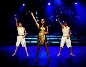 Performing as Greece's entry,  Persephone (played by Miriam Rizvi) and dancers Joe Brockelsby and Jack Whiter. Photo: Colleen Petch