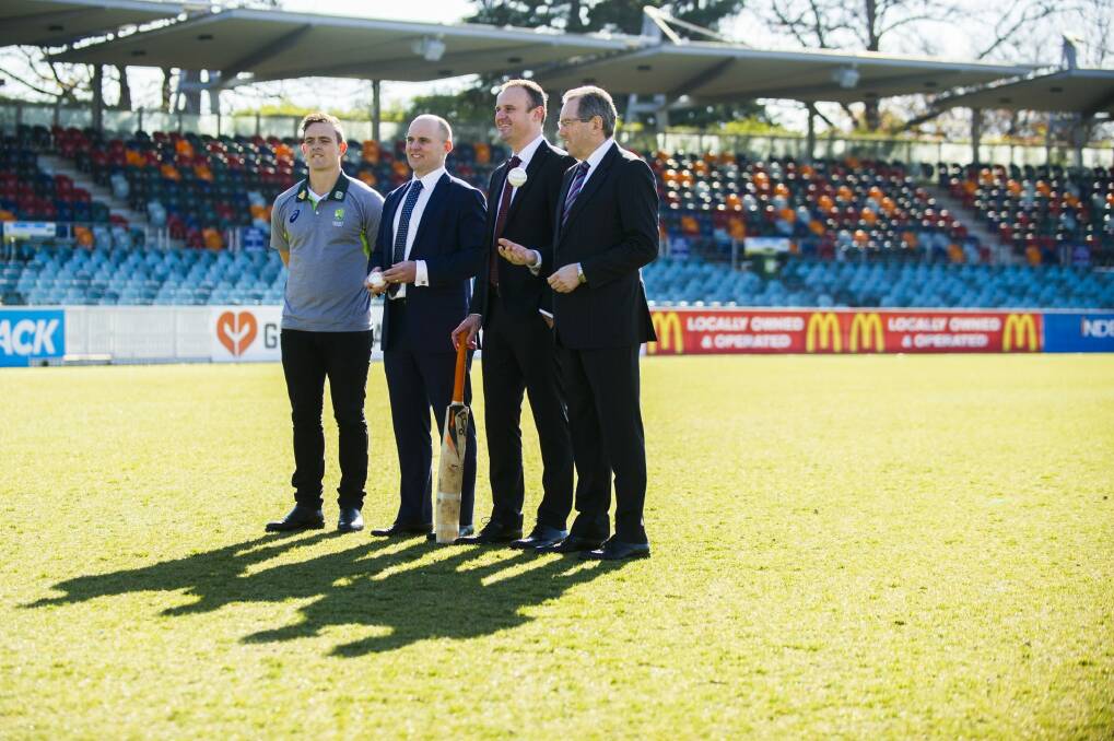 ACT Chief Minister Andrew Barr announces a four-year deal with Cricket Australia to bring more international cricket to Manuka Oval. From left, cricketer Stephen O'Keefe, Cricket ACT's Cameron French, Andrew Barr and Cricket Australia's Mike McKenna. Photo: Rohan Thomson