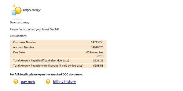 A fake Simply Energy bill has been emailed to residents in Canberra. Photo: Supplied