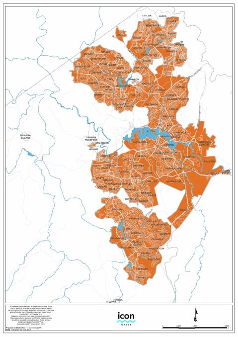 Icon Water's new Capital Contributions precinct, shaded in orange. Photo: Icon Water