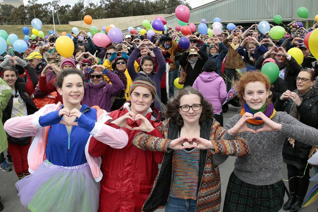 Organisers, from left,  Laura Goodwin, Angie Shillington, Ciara Scott and Ally Hocking Howe front the Walk for Marriage Equality at Lake Burley Griffin.  Photo: Jeffrey Chan
