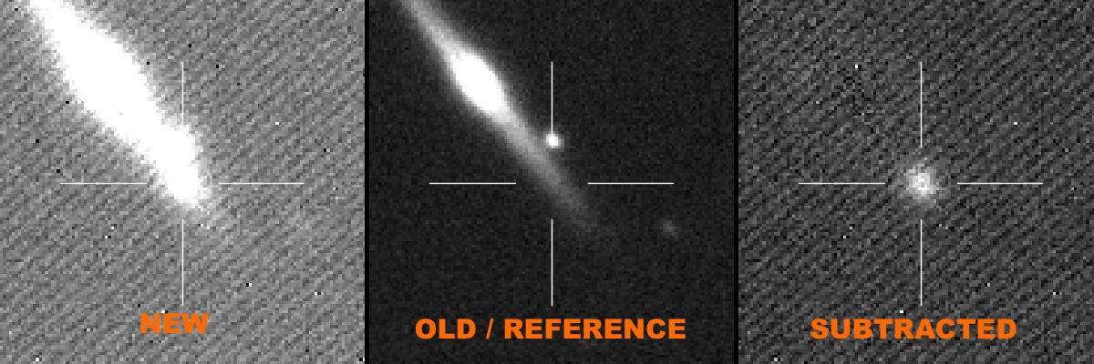 If a bright object appears on the "new" image which was not visible on the reference image you may have found a supernovae or transient event.  Photo: ANU