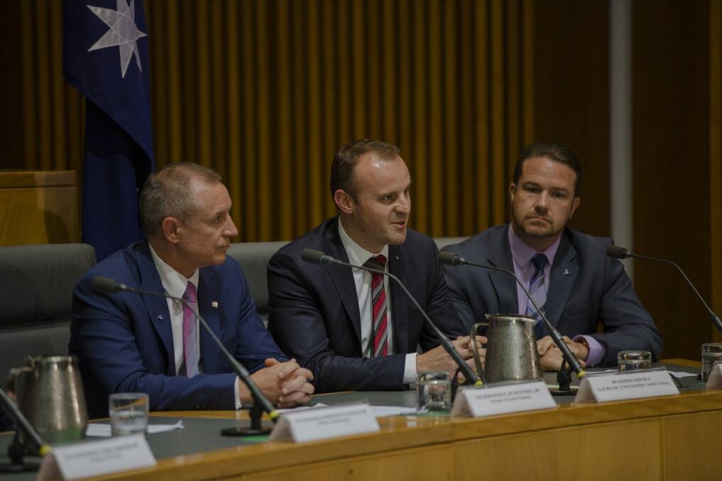 ACT Chief Minister Andrew Barr, centre, on Friday with South Australia Premier Jay Weatherill, left, and Troy Pickard, the president of Australian Local Government Association. Photo: Jamila Toderas