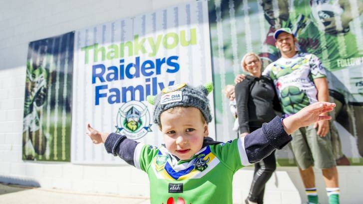 The Keegan family - Eli, 2, Hudson, 10 months, Amelia and Mitchell - travel from the Central Coast for every Raiders home game. Photo: Jay Cronan