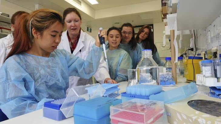 WOMEN'S DAY: Research scientist Joanne Reed from Belconnen introduces school students to science studies at the John Curtin School of Medical Research at the ANU. From left; May Ung, 17, Nadia Govier, 17, Abiah Bull, 16 and Gemma Pringles, 16. Photo: Graham Tidy