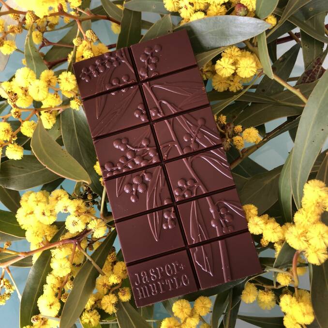 Golden wattle (Acacia pycnantha) depicted on Jasper+Myrtle chocolate. Photo: Supplied 