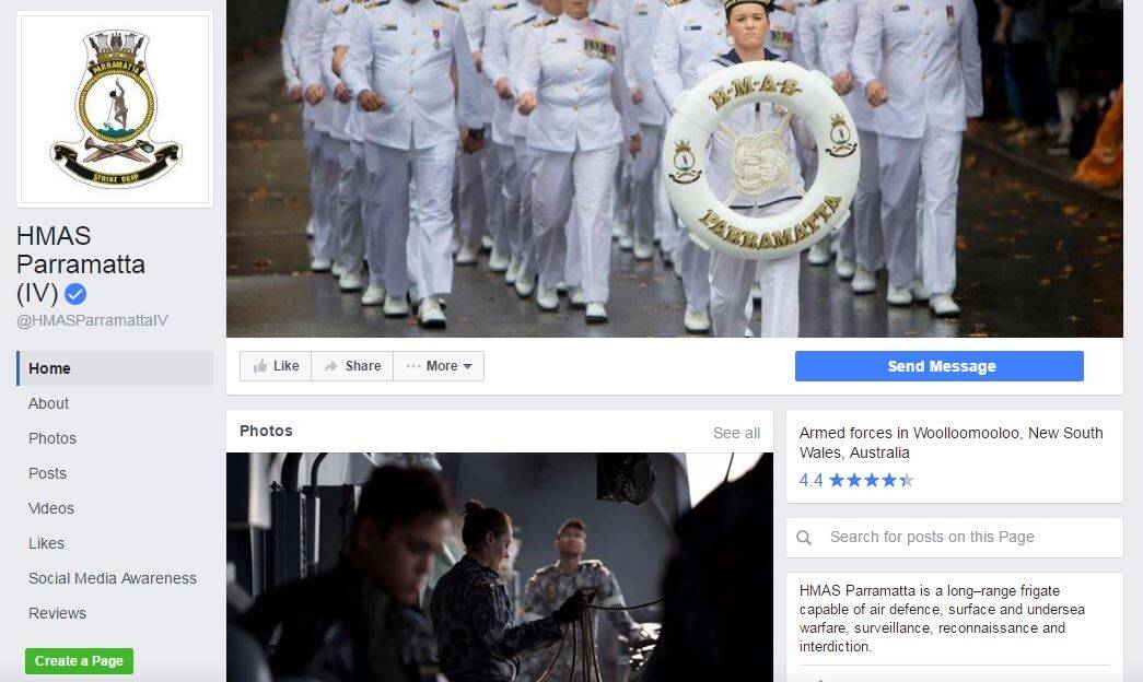 A screengrab of the Facebook page of HMAS Parramatta IV, a long-range frigate in the Australian Navy. Almost all navy vessels have their own Facebook pages. Photo: Facebook/HMASParramattaIV