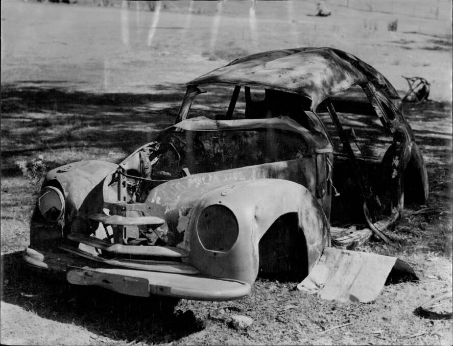 The burnt shell of Petrov's beloved Skoda, which he crashed near Royalla in 1953.