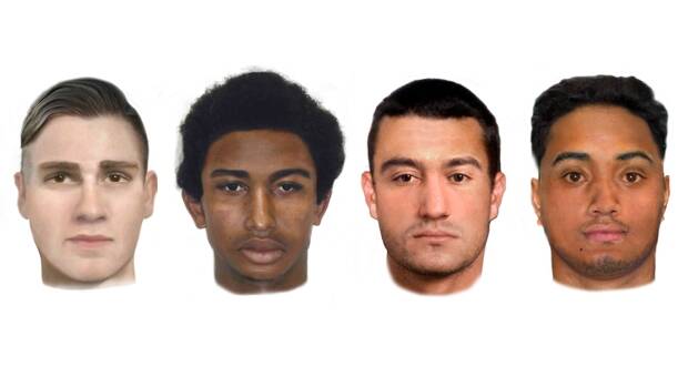 Face-fit images of four men seen in the vicinity of an aggravated burglary at Molesworth Street, Watson on March 17, 2017. Photo: ACT Policing