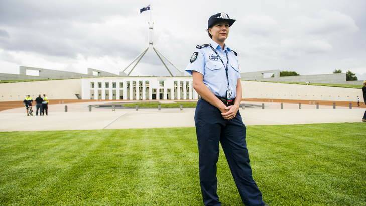 Station Sergeant Joanna Cameron, on the lawns of Parliament House, is expecting good behaviour over the Australia Day long-weekend. Photo: Rohan Thomson