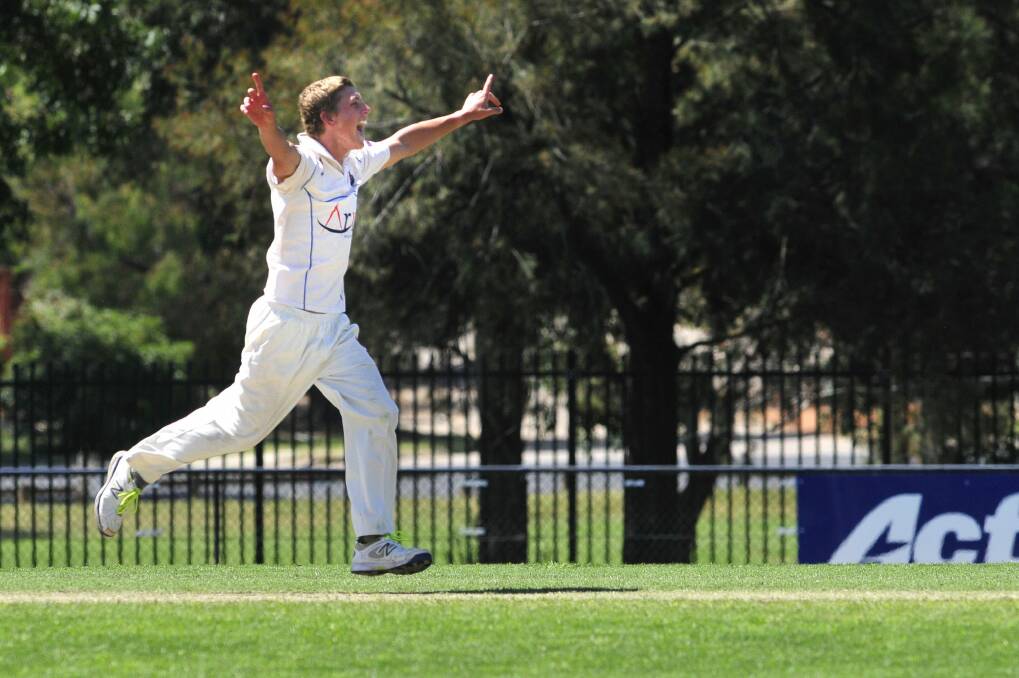Tyler Van Luin celebrates a wicket against Ginninderra. Photo: Jeffrey Chan
