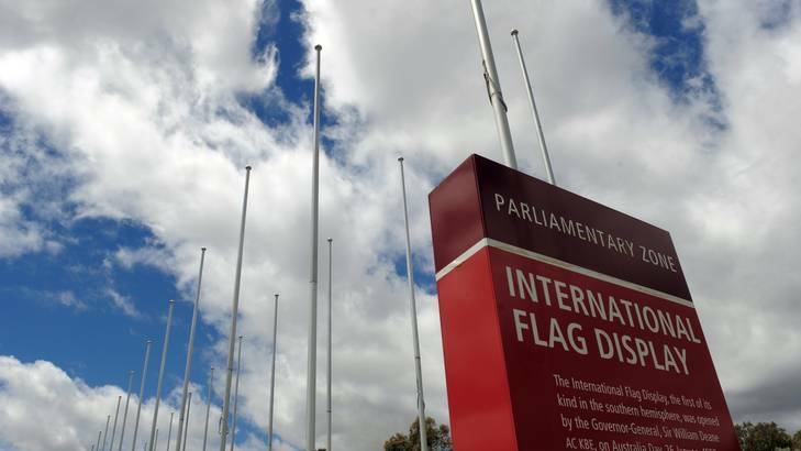 The windy weather may have been the reason the flags were not flying at Commonwealth Place on Wednesday. Photo: Graham Tidy