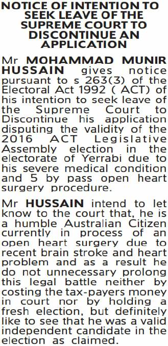Mohammad Hussain's notice published in <i>The Canberra Times</i>.