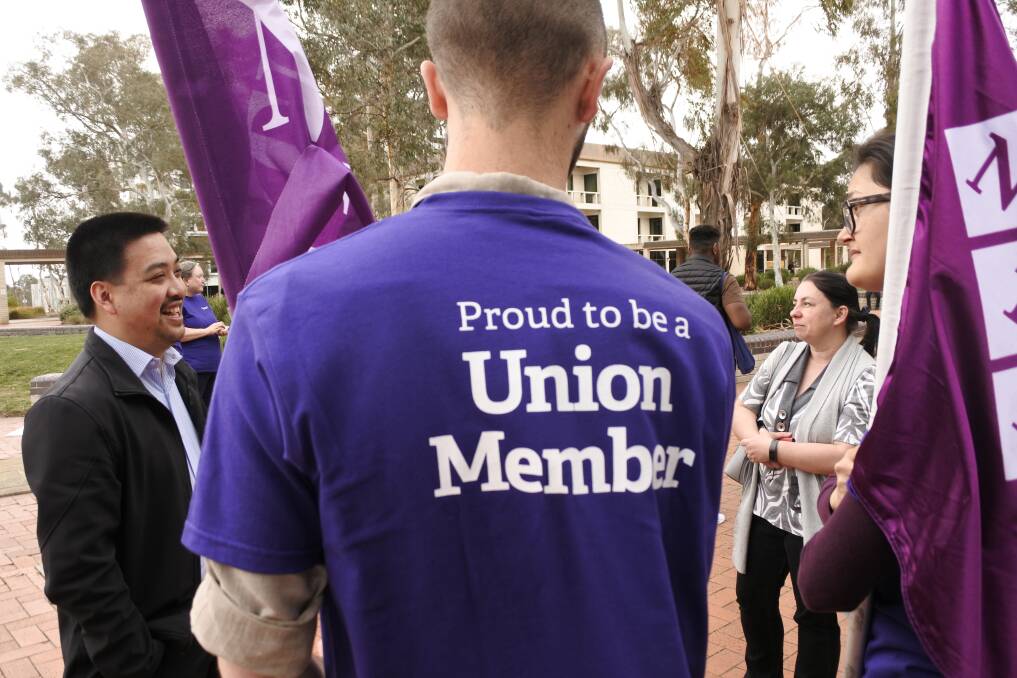 Staff at the University of Canberra walked off the job on Wednesday afternoon in the first strike on campus in more than a decade. Photo: Zain Waseem
