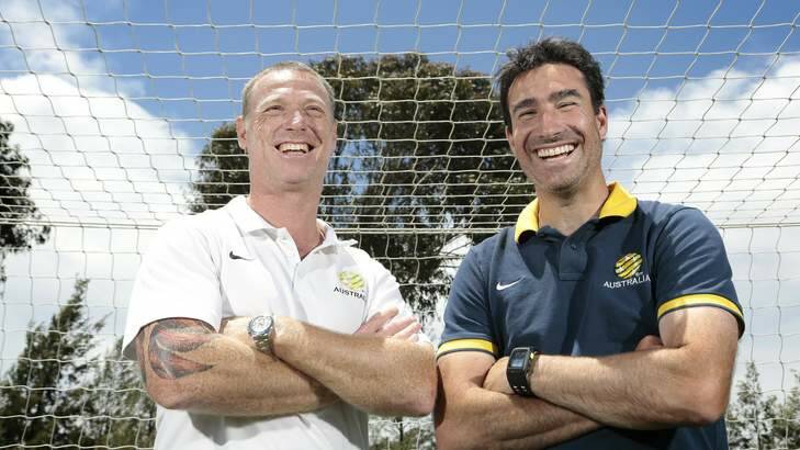 Former Socceroos Craig Moore and Tony Vidmar at the AIS. Photo: Jeffrey Chan
