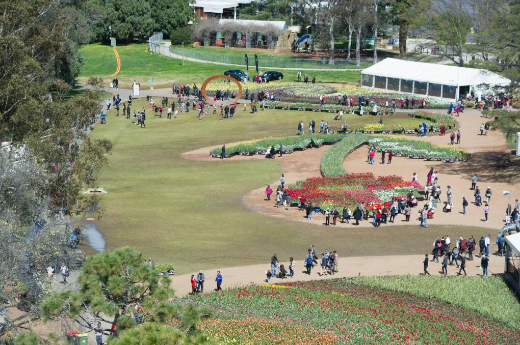 Floriade 2016 from the air. The portable flower beds are arranged in the shape of a tulip but critics said there were fewer of them. Photo: Jay Cronan
