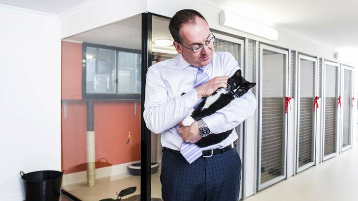 RSPCA CEO Michael Linke, with Tickles the cat, inside the organisation's new cat boarding facility, "Tango's Place". Photo: Rohan Thomson