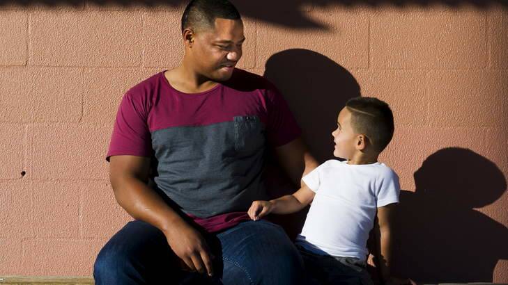 Brumbies forward Ita Vaea, pictured with stepson Cooper De Ruyter, was likened to Wallabies great Toutai Kefu before heart trouble struck. Photo: ROHAN THOMSON