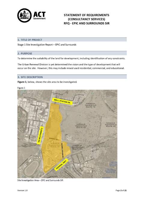 The area around EPIC under investigation for redevelopment. Photo: ACT government tender documents