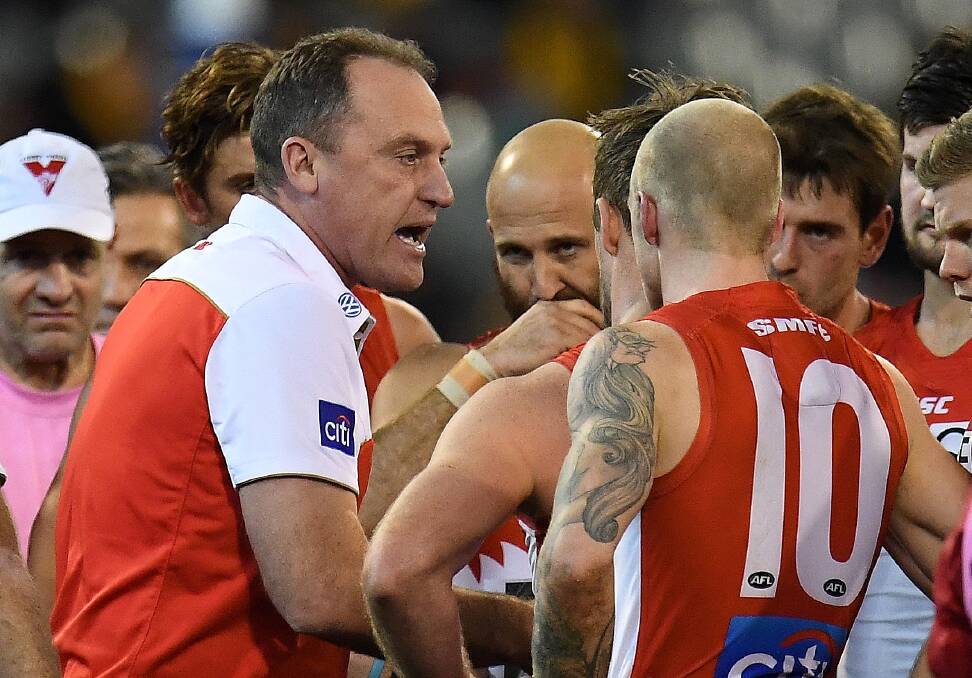 Litmus test: Swans coach John Longmire is wary of Adelaide's ability to pile on goals. Photo: AAP