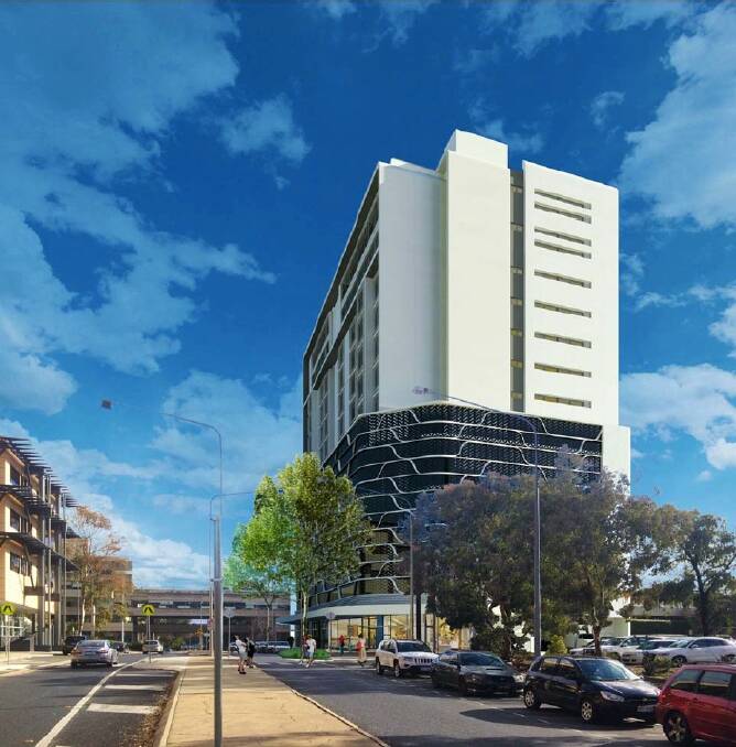 An artist's impression of the Belconnen hotel planned by the Labor Club, which will now be redesigned to change the look of the lower floors of carparking. Photo: Supplied