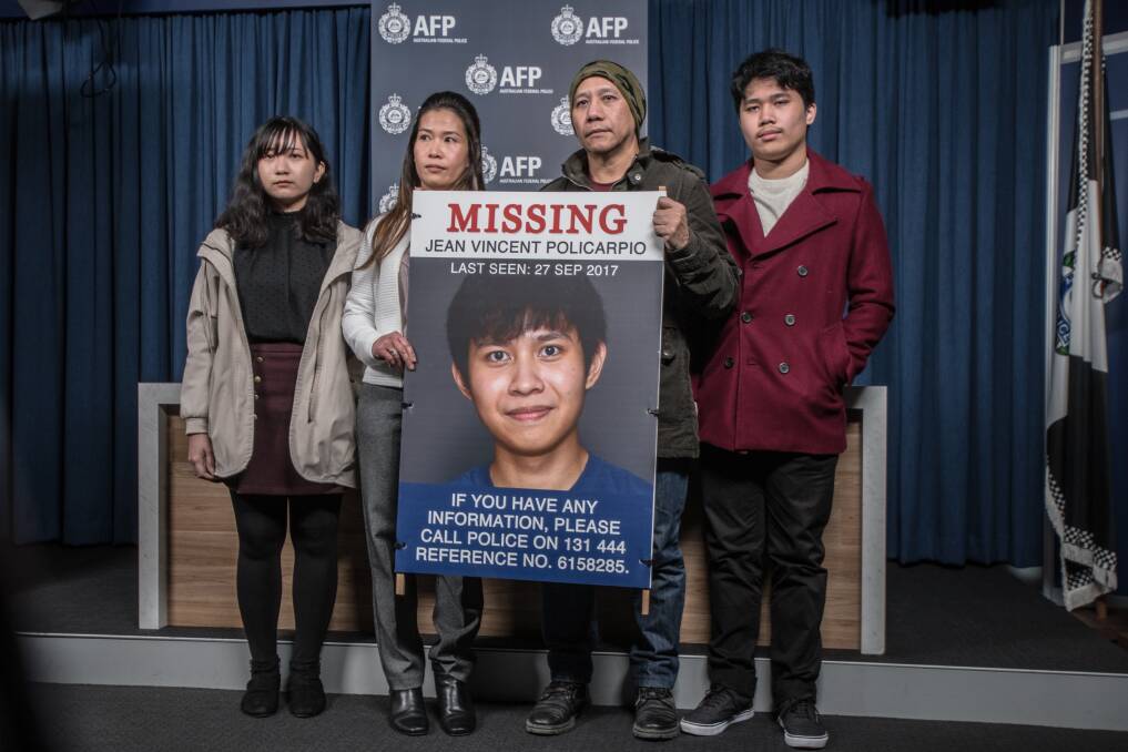 The heartbroken family of missing Canberra man Jean Vincent Policarpio. (From left) Sister Vanessa, mother Beth, father Will, and brother Francis Policarpio. Photo: Karleen Minney