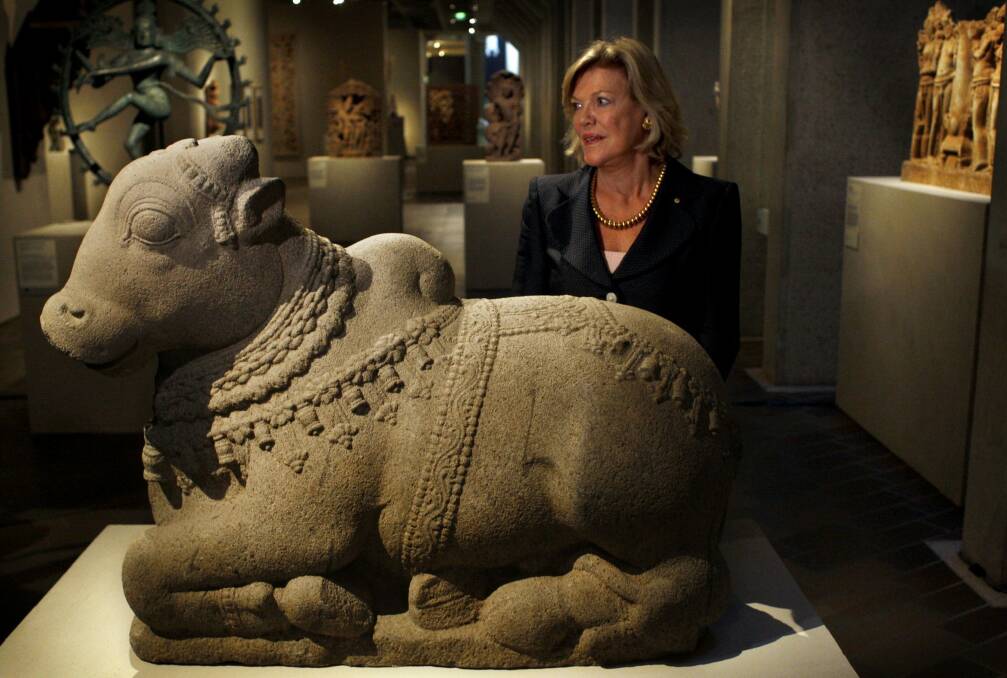 Ros Packer with the 900-year-old  Nandi bull sculpture she bought for the National Gallery of Australia in 2009.  Photo: Glen McCurtayne 
