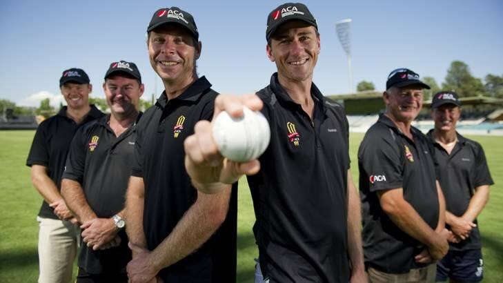 Cricket stars (l-r) Ashley Noffke, Jimmy Maher, Michael Dighton, Brendan Drew, Peter Sleep and Murray Goodwin are in Canberra to impart their knowledge on to ACT junior cricketers. Photo: Jay Cronan