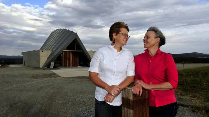 Darlene Cox, left, and partner Liz Holcombe at the National Arboretum where they will marry on Saturday. Photo: Melissa Adams