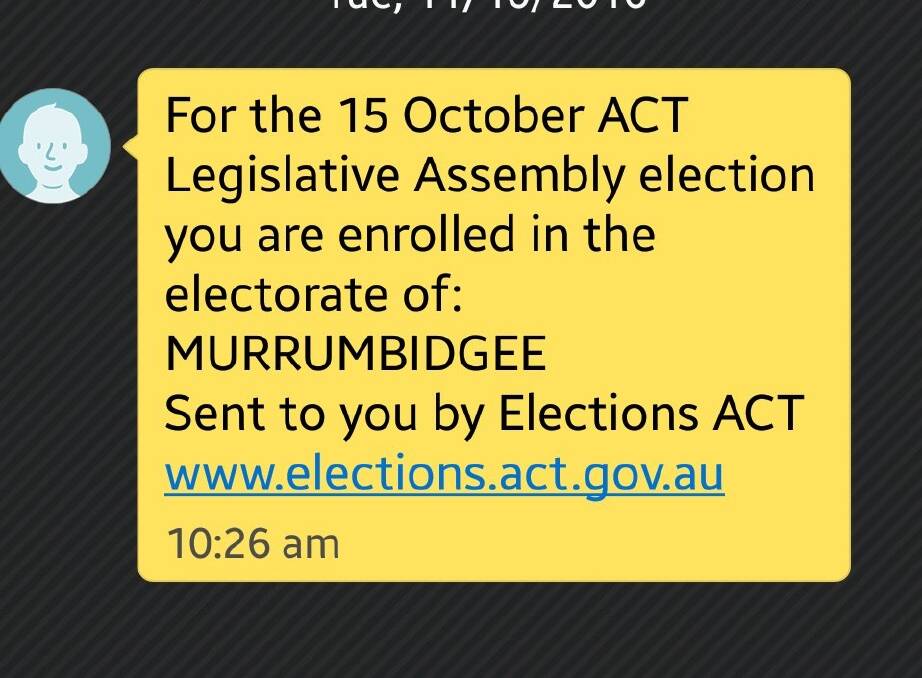 ACT voters have been sent text messages reminding them of their electorates. Photo: CANBERRA TIMES
