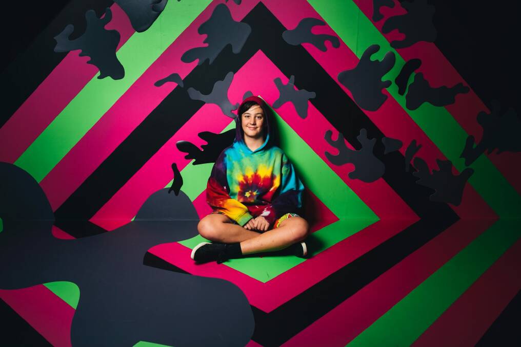 Gryffen Marin, 13, of Queanbyean, enjoying the new Reko Rennie play space at the National Gallery ahead of Defying Empire: 3rd National Indigenous Art Triennial exhibition. Photo: Rohan Thomson