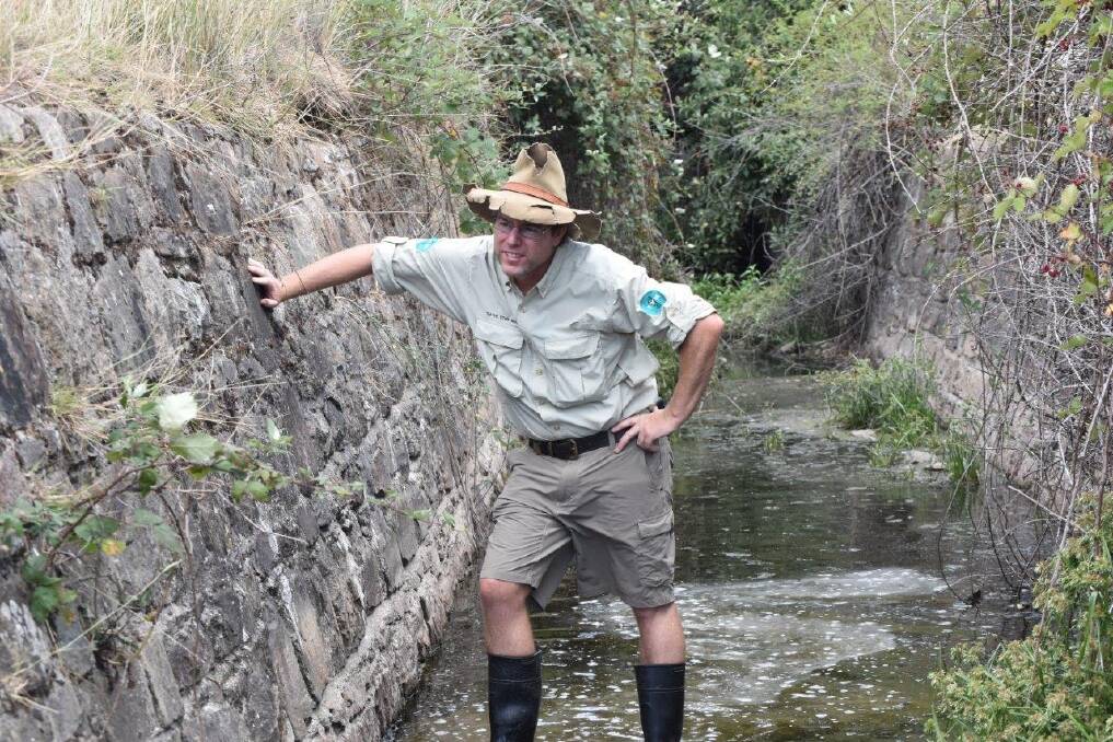 Tim checks-out the 180 year old convict canal which runs beneath the Federal Highway at Lake George. Photo: Tim the Yowie Man