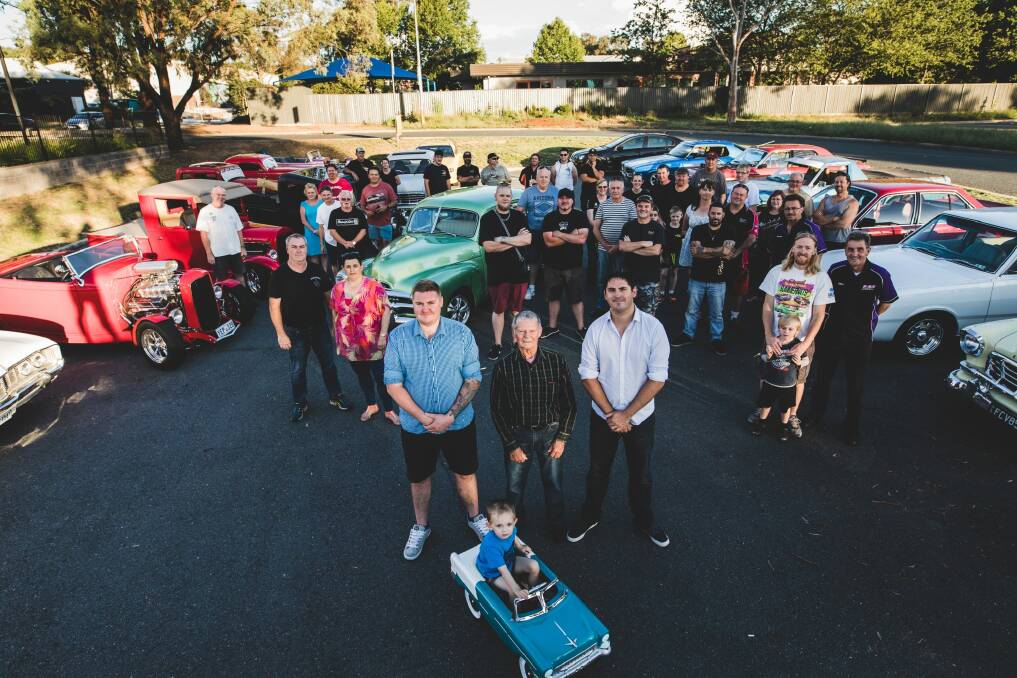 Motoring enthusiasts are not happy about the ACT government's decision to close Lonsdale Street during the Summernats weekend. Front, Josh Summers, Ken Hansen, Andrew Wall MLA, and Tyler Hartcher, 3. Photo: Jamila Toderas