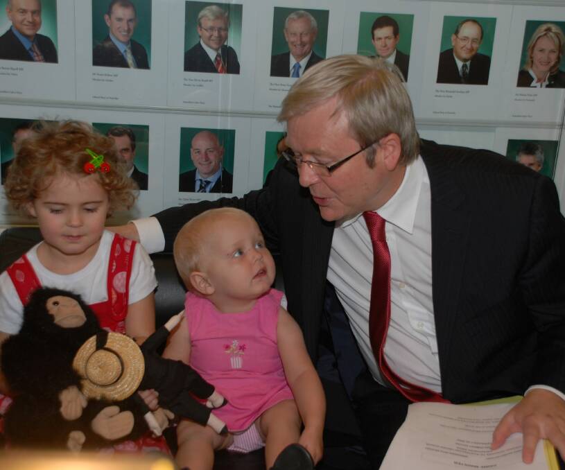 Cordelia (centre) and sister Octavia met Prime Minister Kevin Rudd in Canberra in 2008. The PM was making an announcement on funding for the Australian Organ Donor Register. Photo: Lyn MIlls