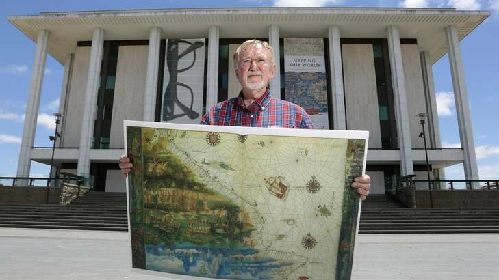 Historian and author Peter Trickett in front of the National Library of Australia with a replica of the map from the 1547 Vallard Atlas depicting the East Coast of Australia drawn 223 years before Captain Cook. Photo: Jeffrey Chan