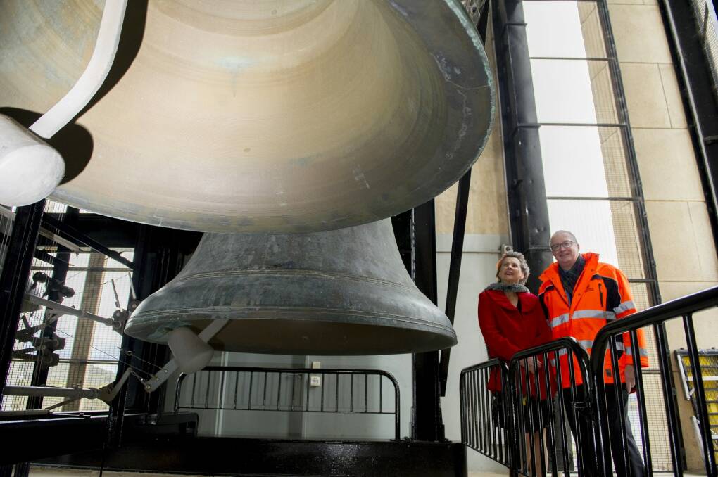 Lyn Fuller, lead carillonist, and Malcolm Snow, chief executive of the National Capital Authority, after the NCA announced significant upgrade works to revitalise the National Carillon.  Photo: Jay Cronan