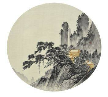 <i>Circular Fan III</i>, 2009-10, part of the <i>Cola Project – Antique Series</i>, ink and Coca-Cola on silk, by He Xiangyu,? is an imitation of a Song dynasty landscape. Photo: Lucien Y. Tso