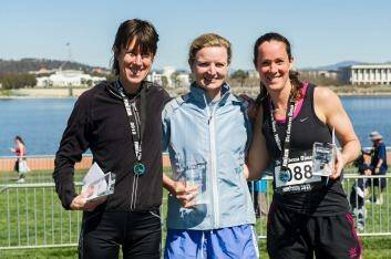 Canberra Times Fun Run 10km female winners Jackie Fairweather (2nd) Fleur Flanery (1st) and Kim Wilmshurst (3rd). Photo: Rohan Thomson